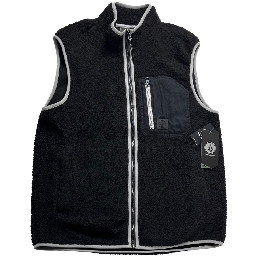 Volcom Muzzer Fuzzar Vest Mens Medium Black Sherpa‎ Fleece Full Zip NEW